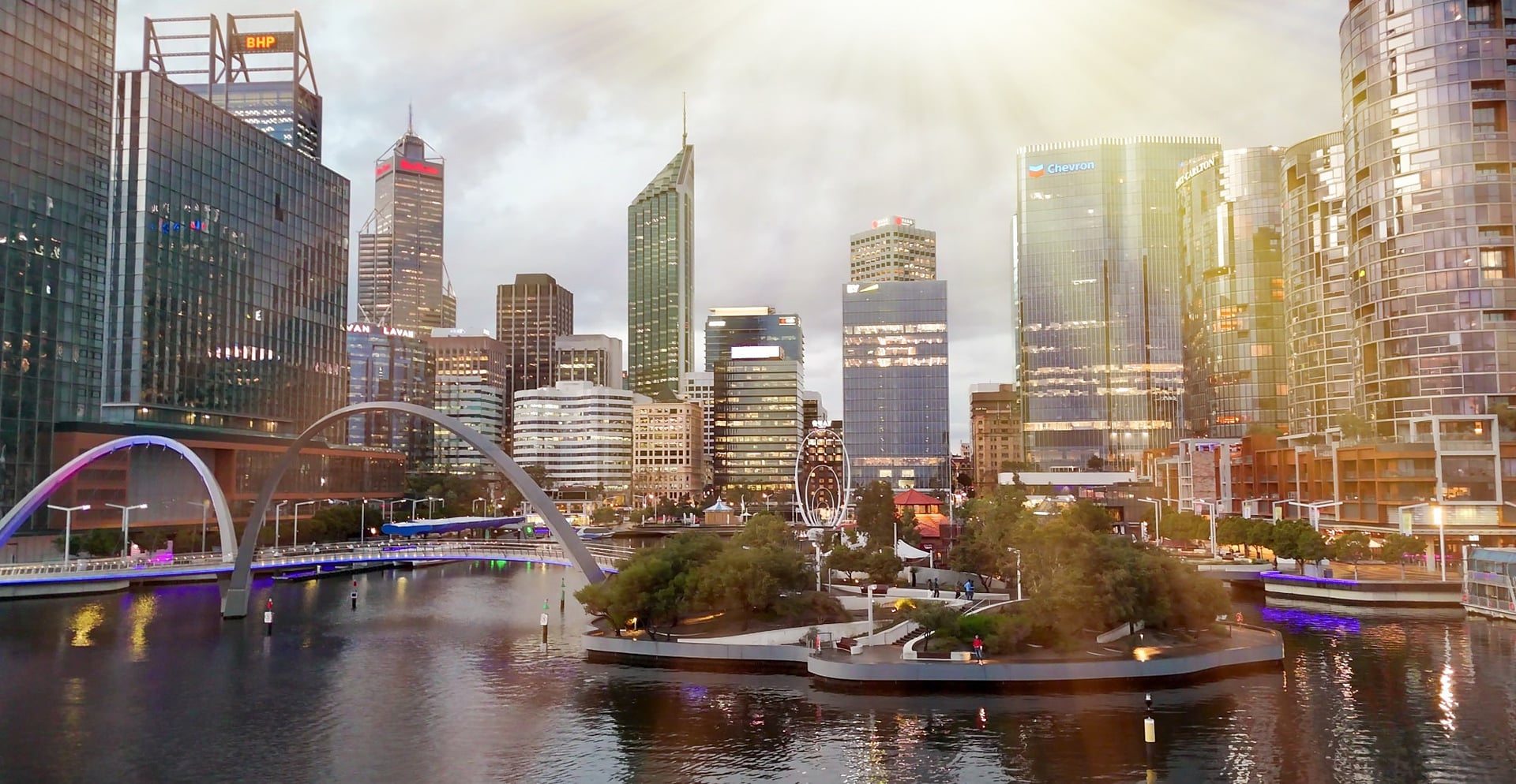 Perth city skyline and Elizabeth Quay at dusk