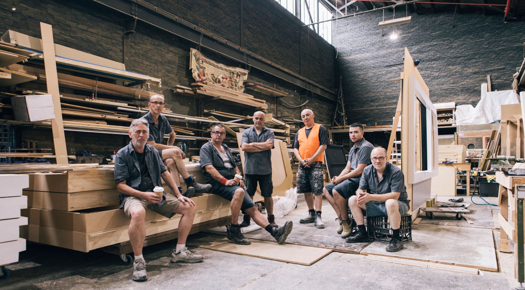 Joinery workshop team among timber and cabinetry, Alexandria NSW