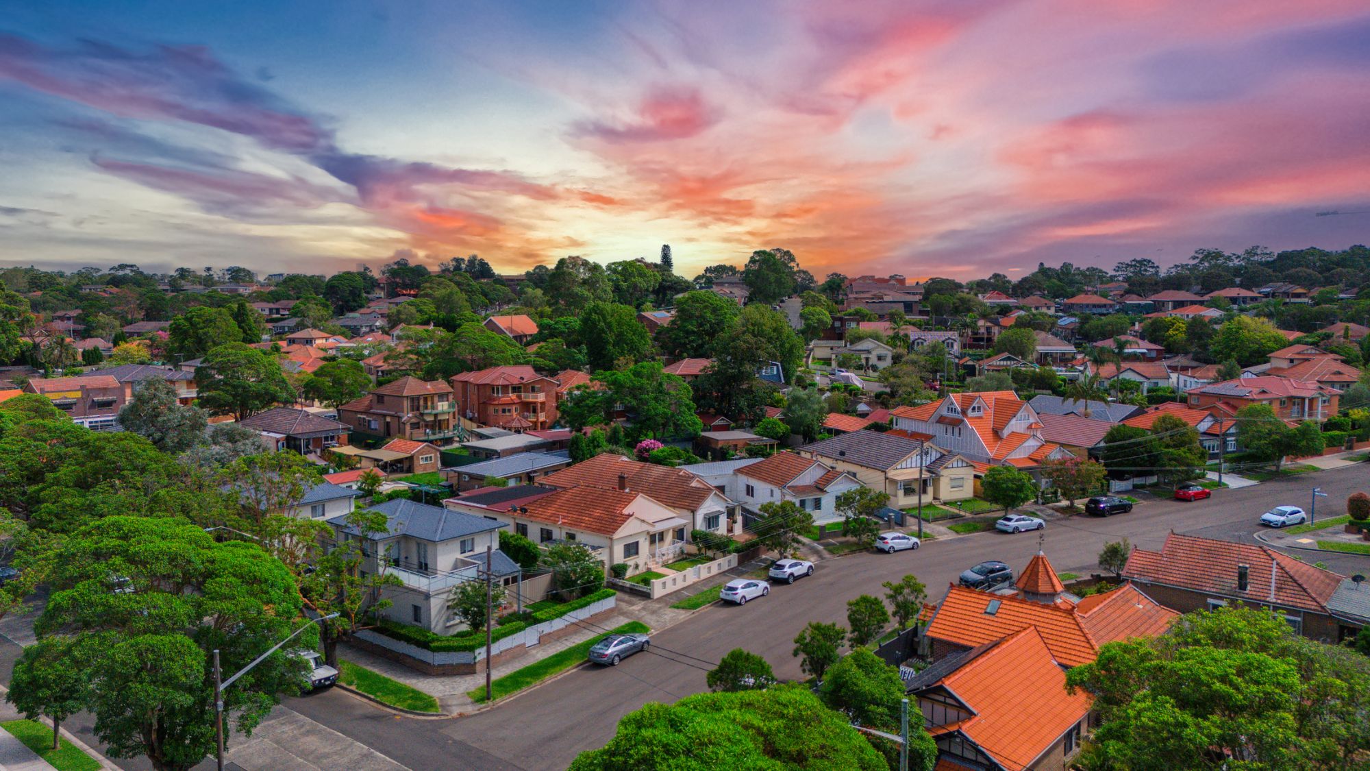 Aerial view of a Sydney suburb at sunset, Rosebery NSW