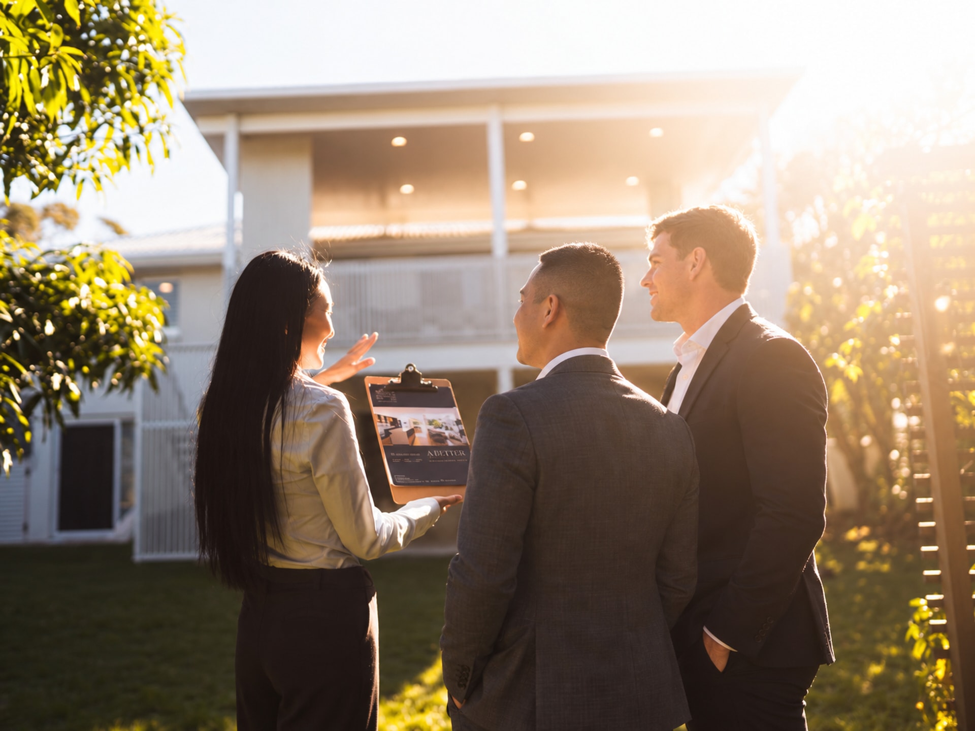 Agent showing two buyers a house at sunset