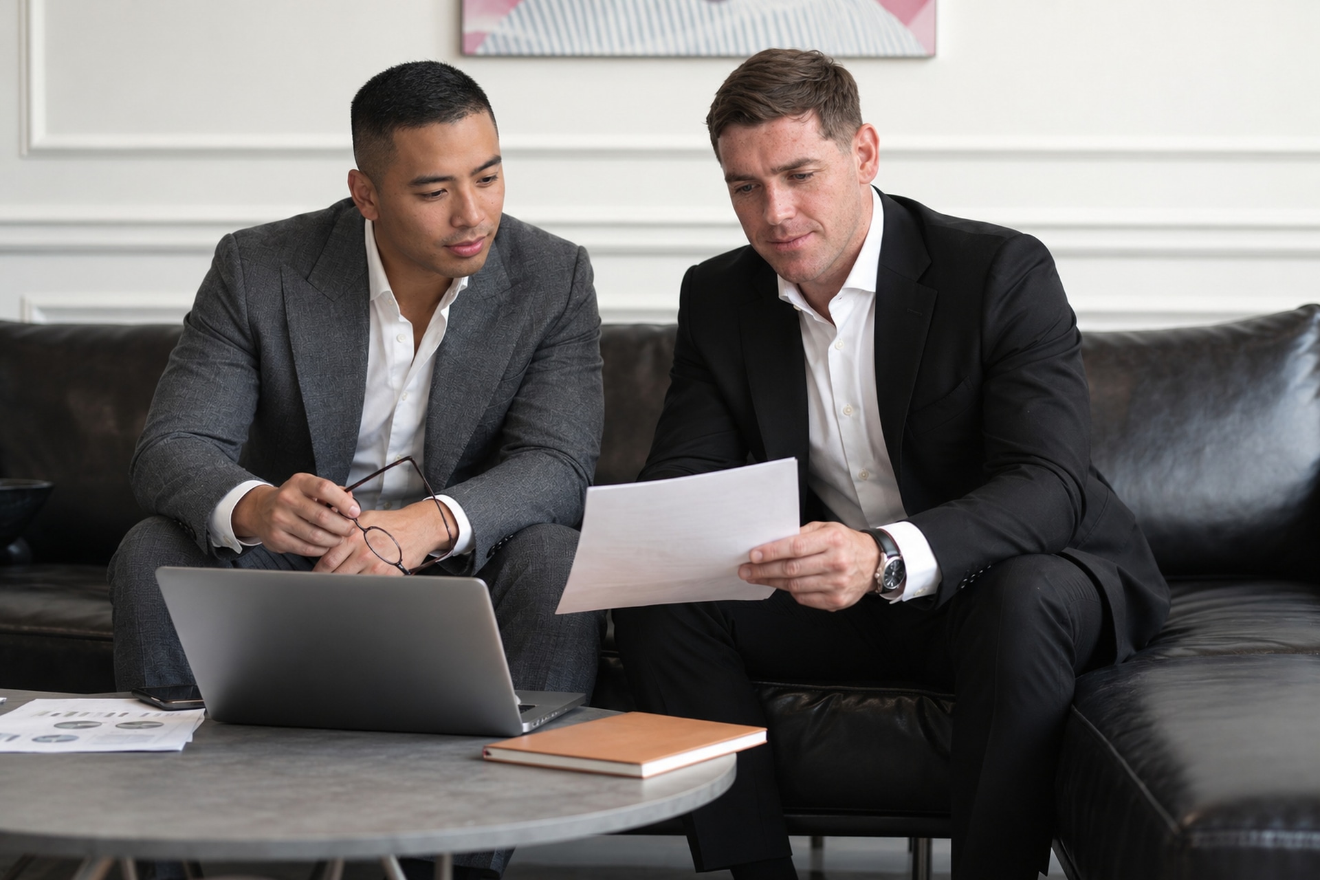 Two brokers reviewing a scenario together