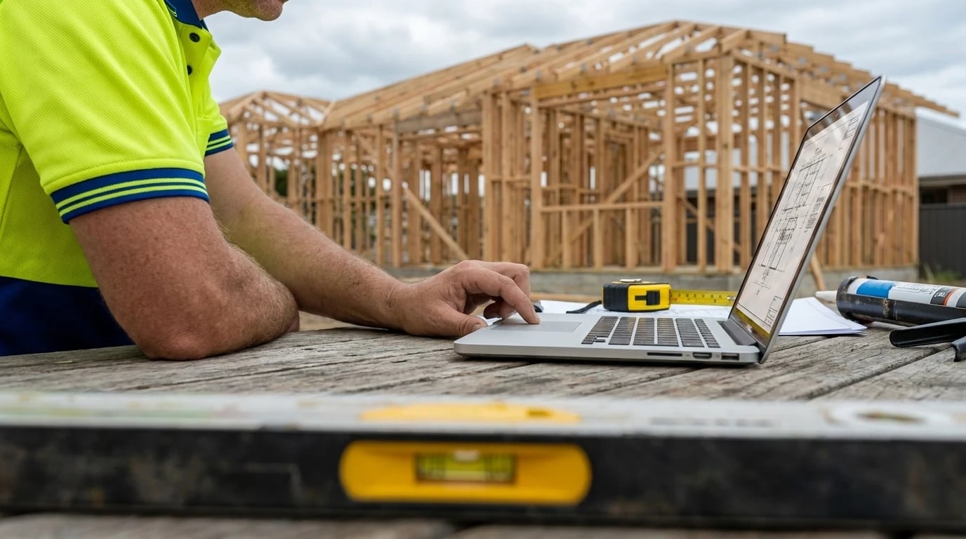 Builder reviewing plans on a laptop in front of a timber house frame